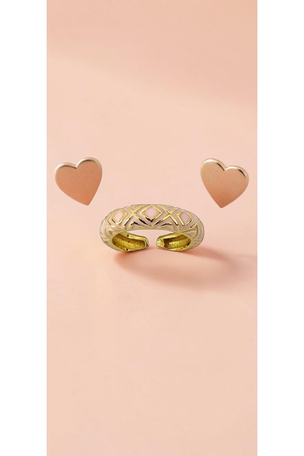 Geometric Motif Yellow and Pink Enamel Adjustable Steel Ring - Tarnish Resistant
