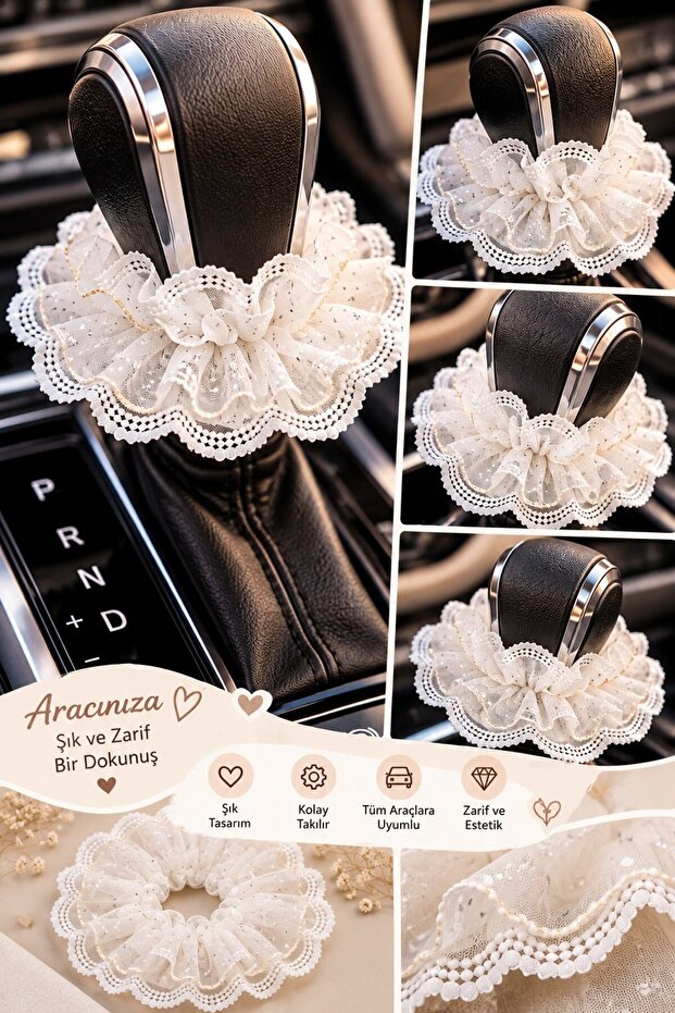 White Tulle Lace Gear Shift Ornament – Elegant Car Interior Gear Knob Decoration
