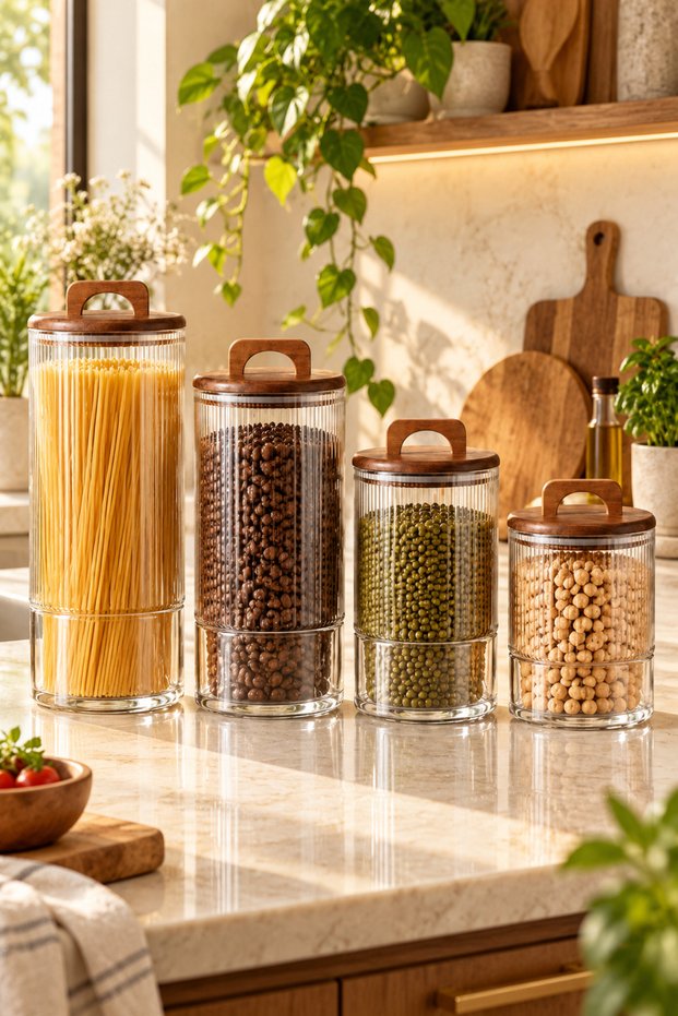 Acacia Lid Borosilicate Glass Storage Jar Set of 4 – 2700 ml + 2100 ml + 1600 ml + 1200 ml