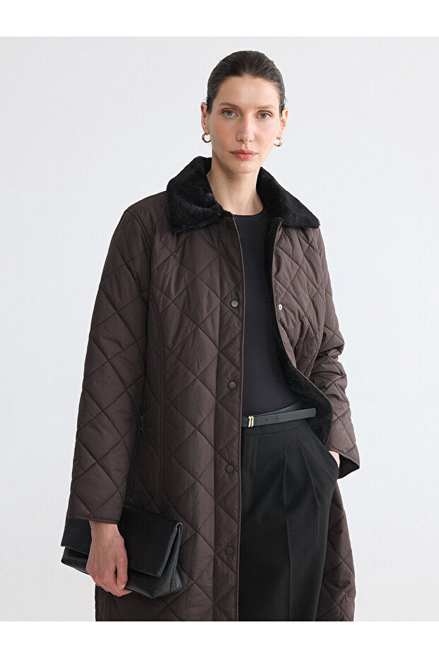 Two Mt Shop Quality Lcw Grace Brown Fur Collar Quilted Women's Puffer Coat