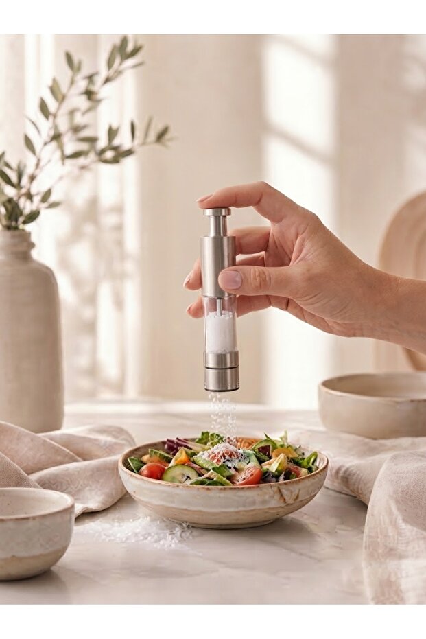 Premium Stainless Steel Push-Style Salt and Pepper Grinder – One-Handed Operation, Luxury Mill with Transparent Container
