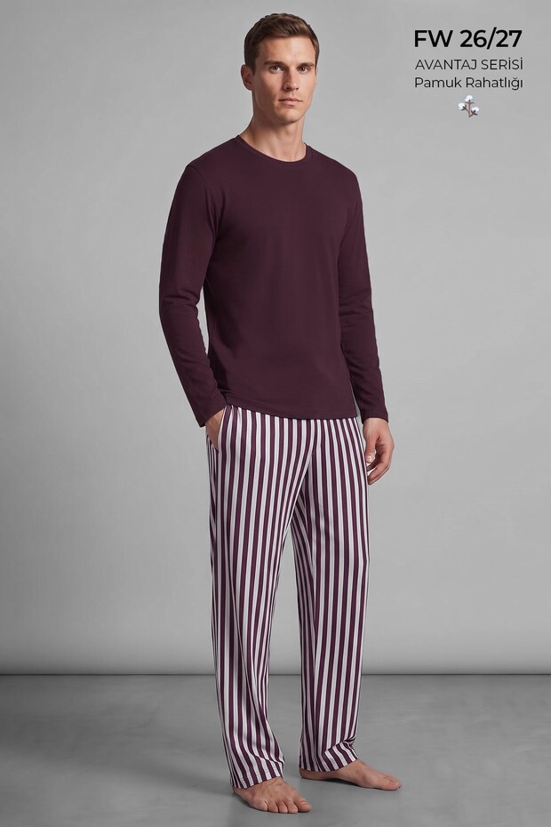 Men's Cotton Long Sleeve Pajama Set Plum-Ecru
