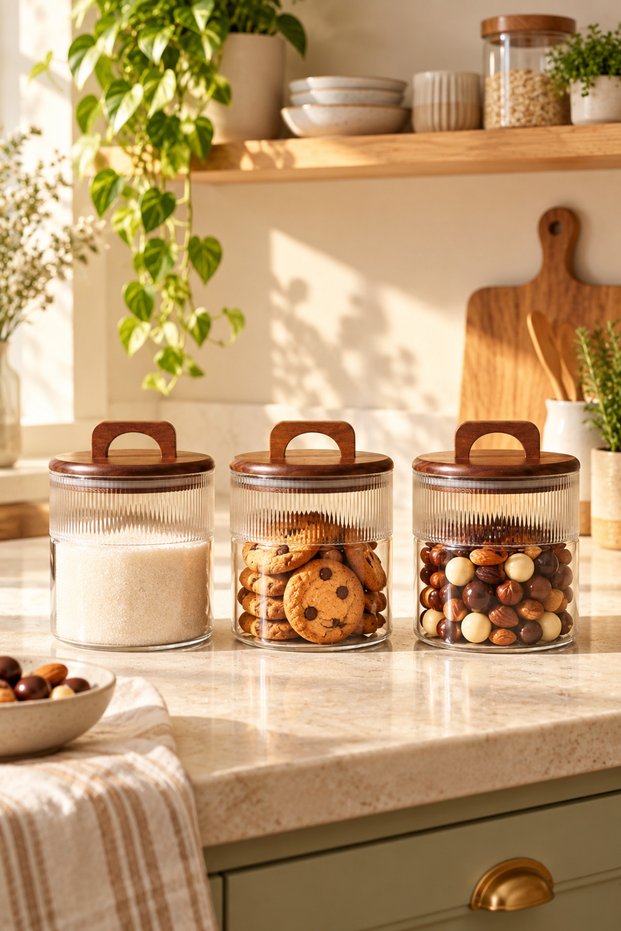 Acacia Lid Borosilicate Glass Storage Jar 1200 ml Set of 3 – Striped Transparent Glass Jar