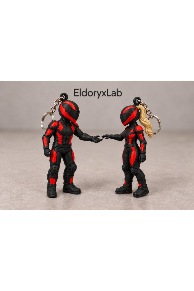 Couples' Special Biker Figure Keychain Set with Helmets - Blonde Woman and Man 2-Piece 3D Printing