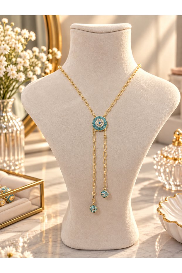 Turquoise Stone Long Necklace – Stylish Necklace with Dangling Chain Detail