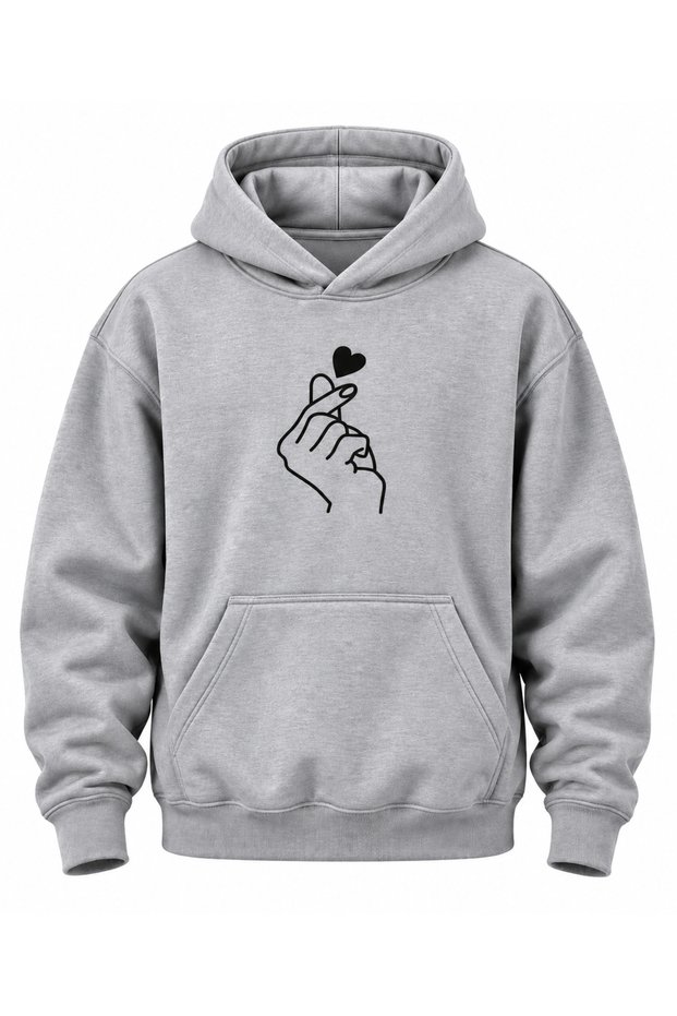 Hand Heart Sign Printed Unisex Hoodie Sweatshirt with Hood and Kangaroo Pocket Premium Thick Winter