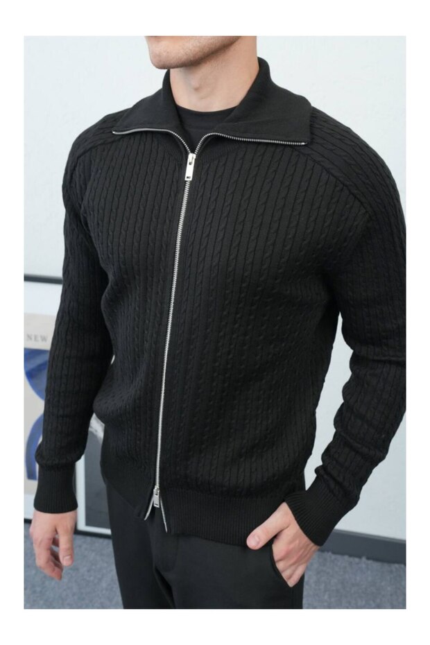 Men's Hair Braided Wide Collar Double Zipper Cardigan