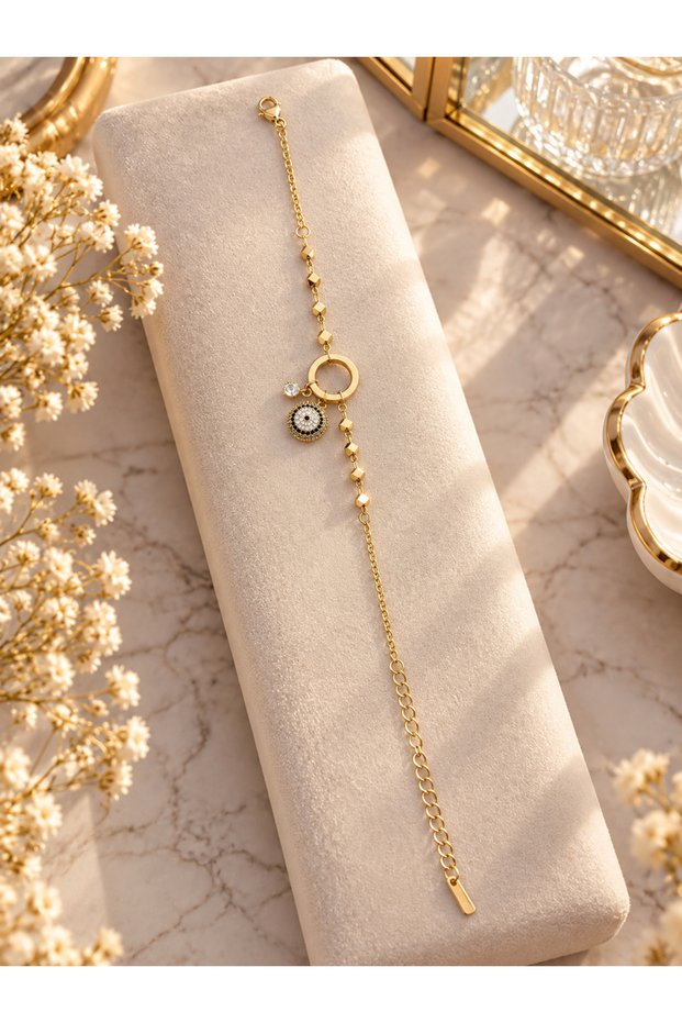 Stone-Embellished Dangle Bracelet – Elegant Gold Color Bracelet with Round Figure Detail