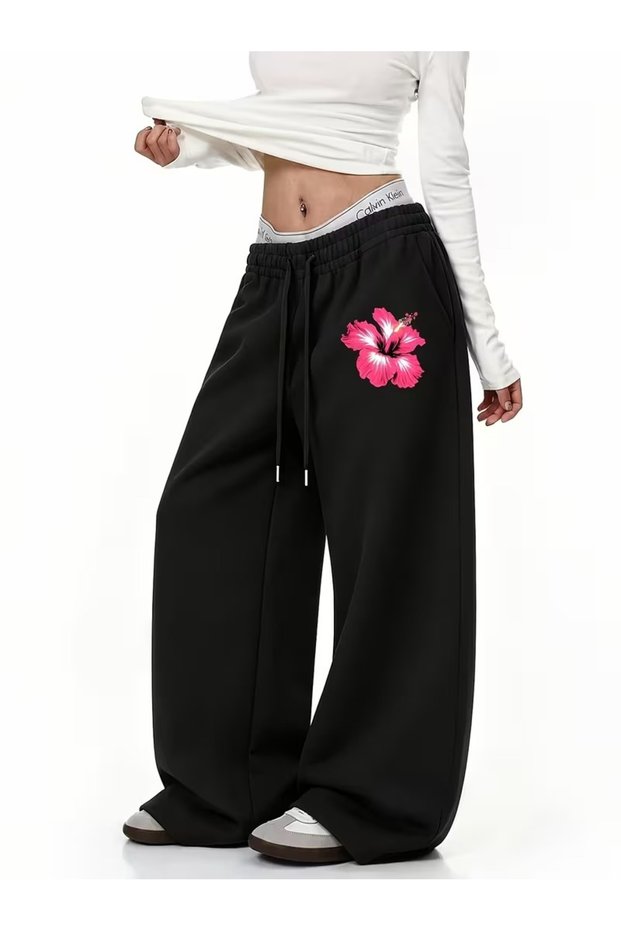 Unisex Oversize Wide Leg Printed Black Sweatpants – Relaxed Fit Casual Streetwear Trousers