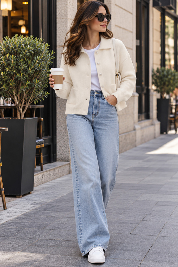 Women's Polo Collar Double Pockets Soft Textured Short Length Loose Knitwear Cardigan