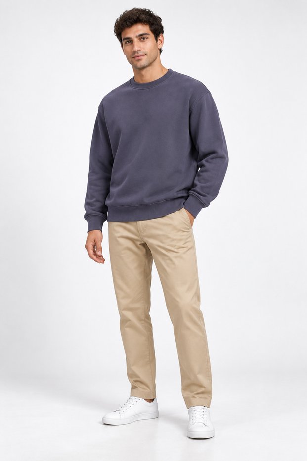Men's Smoked Crew Neck Basic Sweatshirt 3 Yarn Soft Fabric