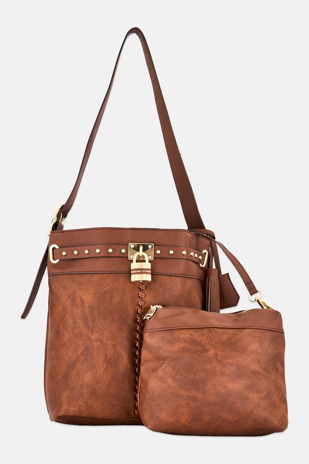 Women Brand Logo Shoulder Bag With Pouch, Brown