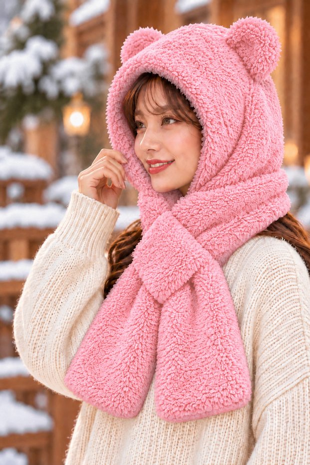 Mellow Hooded Balaclava Plush Beanie Scarf Women's Welsoft Fleece Neck Collar Shawl Stylish Soft Textured Windproof Earflap Hat
