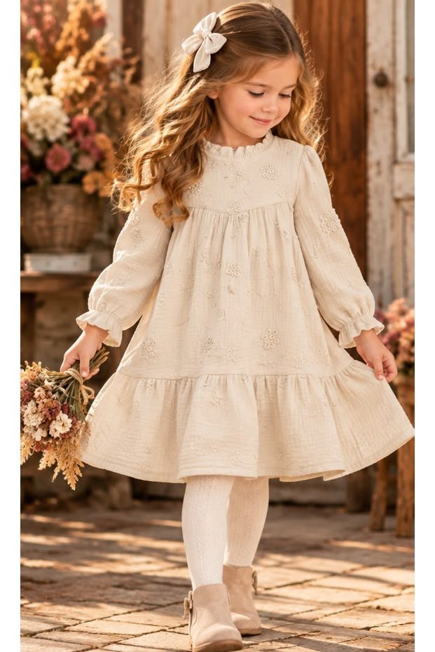 Embossed Muslin Fabric Long Sleeve Girls' Dress 2-9 Years