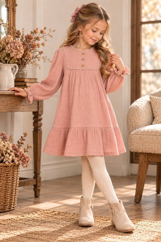 Buttoned Muslin Fabric Long Sleeve Girls' Dress 2-9 Years