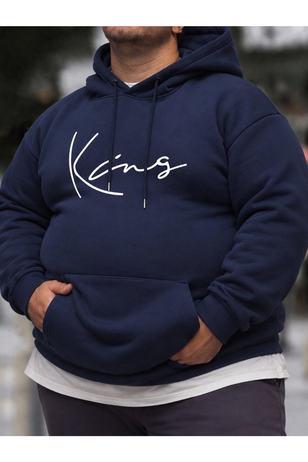 King Printed Hooded Sweatshirt Men's Oversize Navy Blue Hoodie