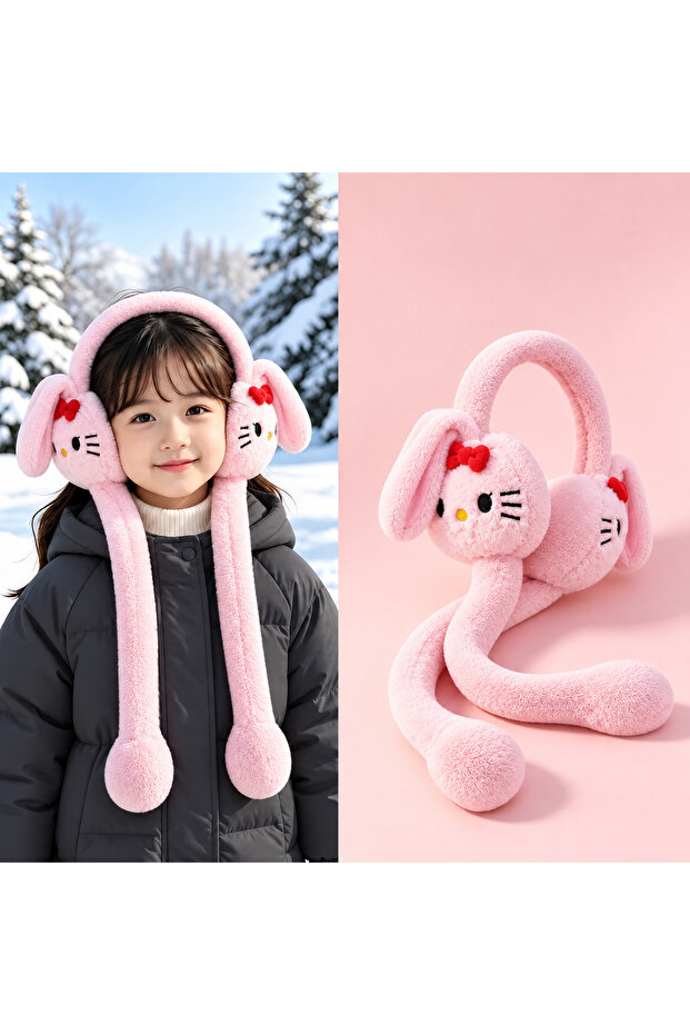 Cute Cat Hello Kittyyy Patterned Pink Young Girls' Plush Playable Ear Sound Activated Movable Winter Warmer Rabbit Ears Bowknot Long Sleeve Winter Earflap Hat
