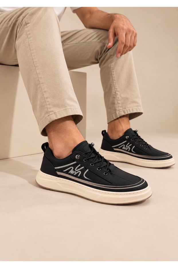 Nk Kelvin Men's Black Rubber Laced Linen Fabric Lightweight Comfortable Flexible Sneaker Daily Walking Sports Shoes
