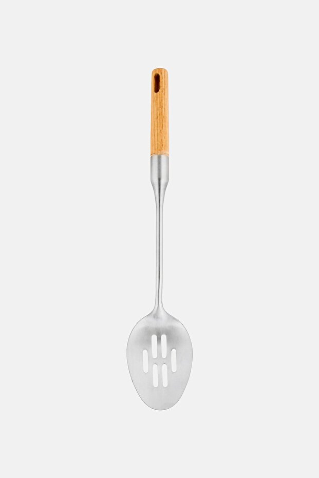 Slotted Wood Handle Spoon, Silver