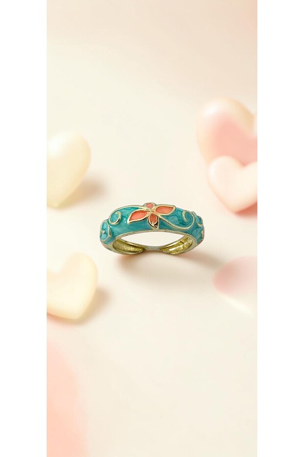 Turquoise Enamel Pink Floral Adjustable Steel Ring