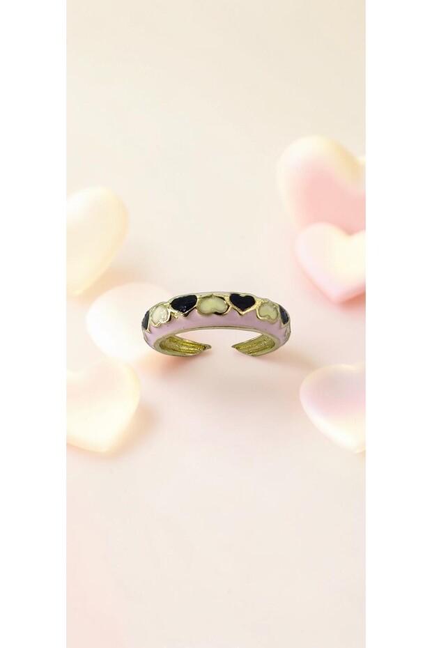 Black and White Heart Motif Pink Enamel Adjustable Steel Ring