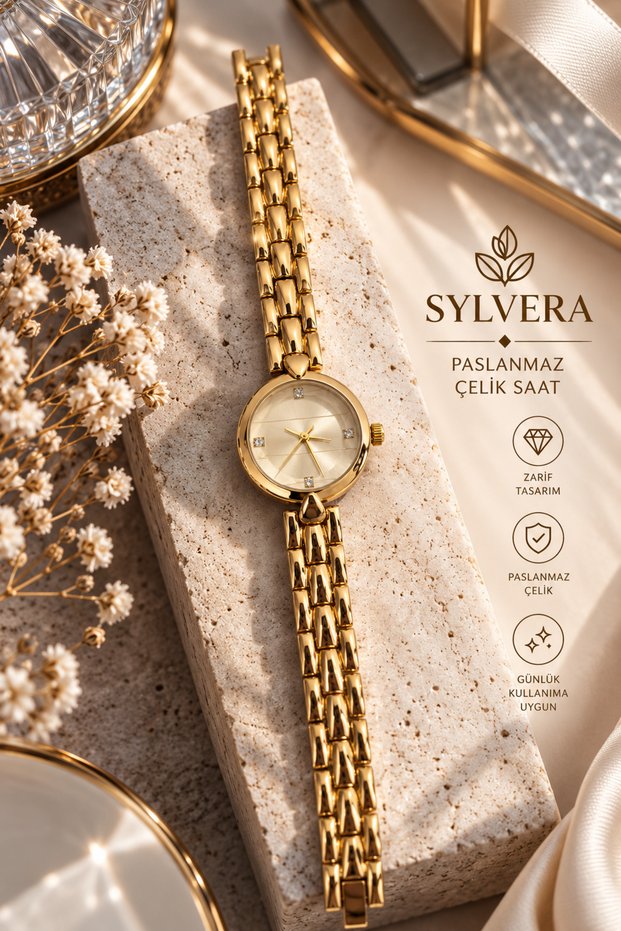 Round Design Champagne Dial Three Row Chain Steel Wristwatch (Gold Color)