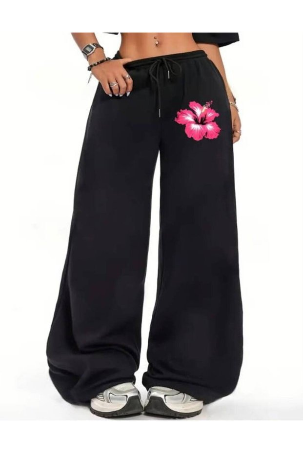 3 Threaded High Waist Pink Floral Printed Unisex Black Sweatpants