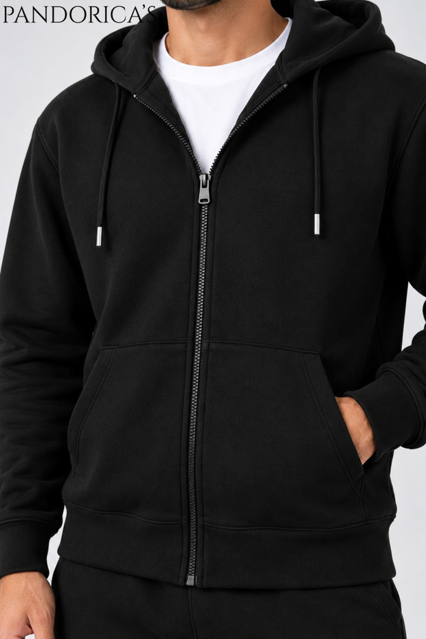Unisex Black Zippered Hooded Cardigan 100% Cotton 3 Yarns Seasonal/Winter