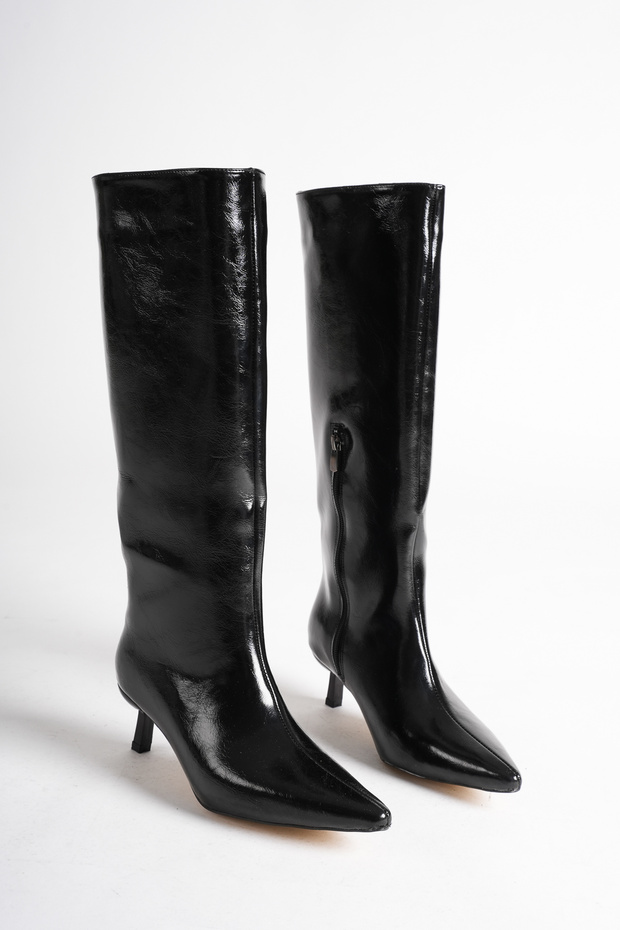Noir Black Patent Leather Pointed Toe Short Heeled Women's Boots