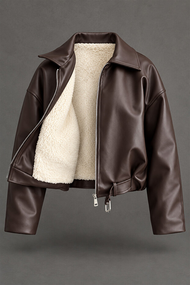 Women's Oversized Leather Jacket Coat with Fur Inside and Buckle Detail for Winter
