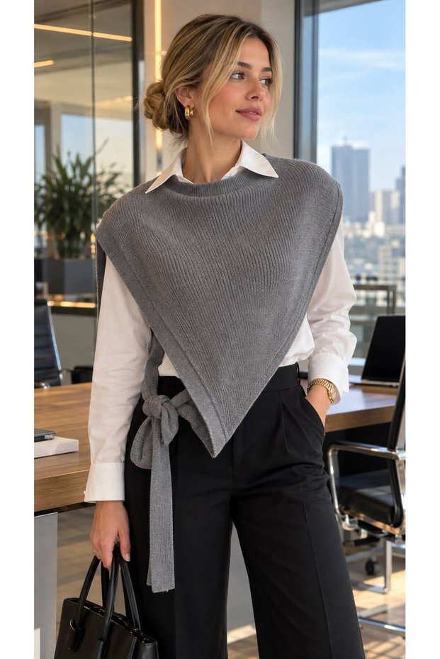 Gray Knitwear Asymmetrical Women's Shoulder Shawl with Neck Loop