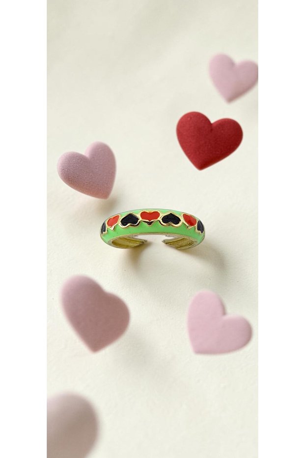 Black Red Heart Motif Green Enamel Adjustable Steel Ring