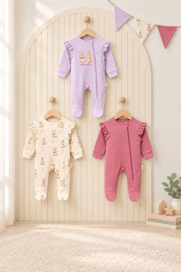 3-Piece Zippered Booties Long Sleeve Baby Romper Set 100% Cotton 0-3 Months