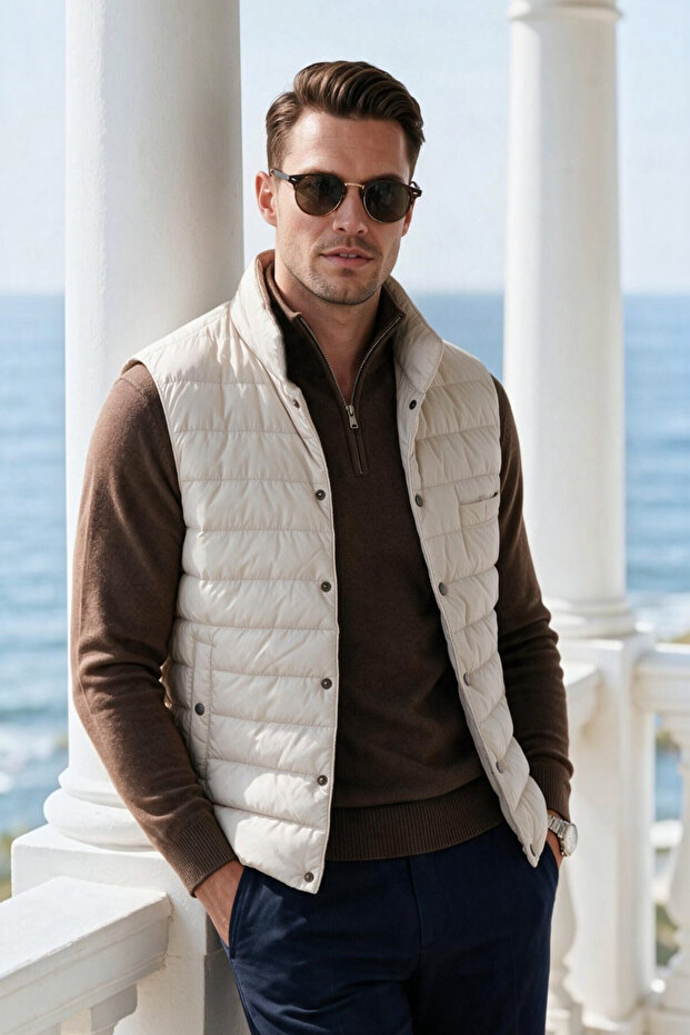 Men's Slim Fit Water and Windproof Cream Puffer Vest – Stand Collar with Snap Fasteners 2701708