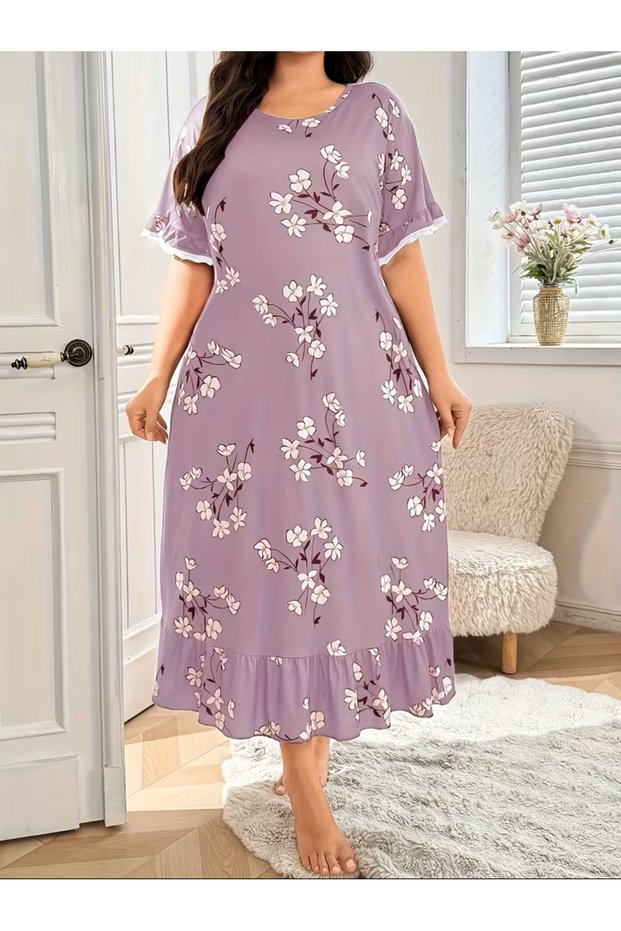 Women's Plus Size Floral Print Nightgown – Short Sleeve Round Neck House Dress or Nighty with Ruffle Hem & Lace Trim – Ultra-Comfortable Loungewear and Sleepwear