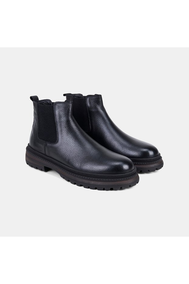 Men's Black Elastic Textured Leather Chelsea Boots
