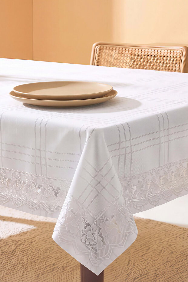 White Linen Effect Stain-Resistant Tablecloth 150X220 cm