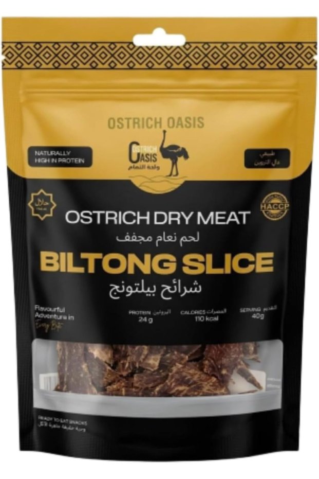 Oasis Ostrich Dry-meat Biltong Sliced – 40g - Naturally cured and Air-Dried 100% Halal High in Protein Low in Fat & Keto Diet – Lean Biltong, Spiced Meat Snack Like Jerky – Gluten & preservative-free.