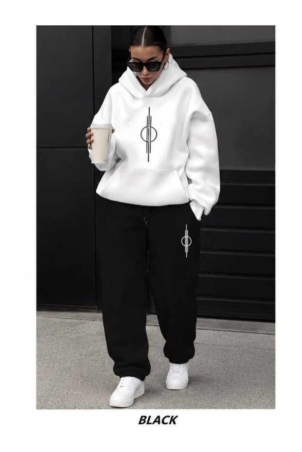 Women's - Men's Vertical Design Printed Top with Hood and Elastic Bottom 3 Thread Raster Bottom Top Tracksuit Set