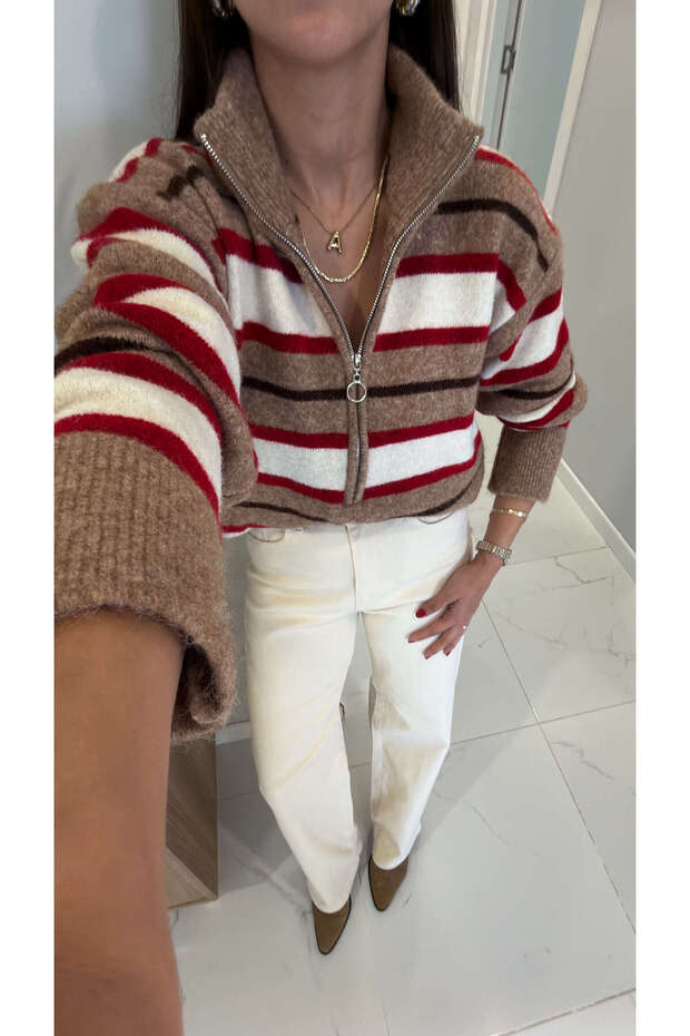 Sedro Beige Zipper Detailed Striped Knitwear