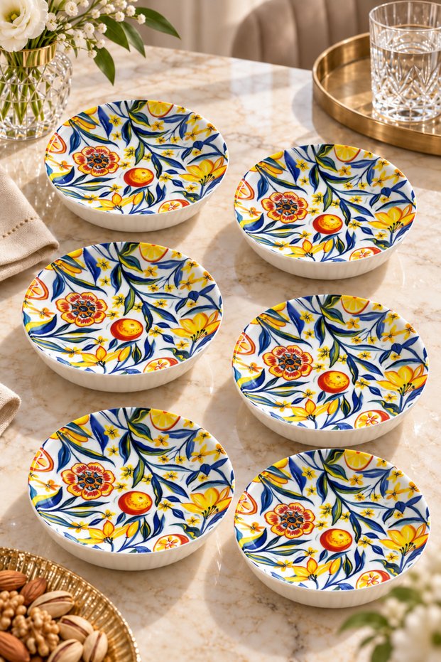 Set of 6 Colorful Citrus Flower Patterned Jam or Snack Bowls - 13 cm - Decorative Serving Bowl, Breakfast Bowl, Jam Bowl, Treat Bowl