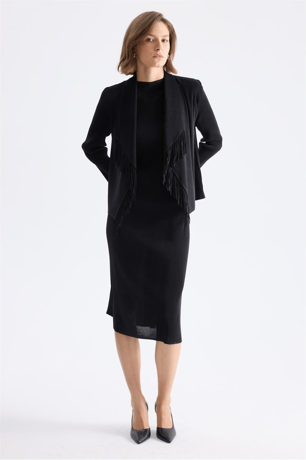 Tasseled Accordion Fabric Maxi Dress Jacket Dress Two-Piece Set