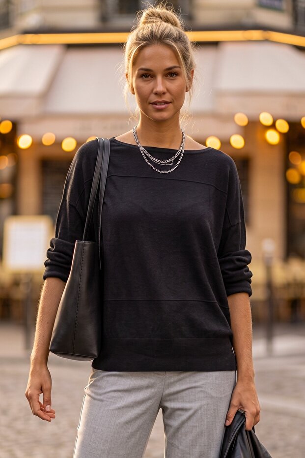 Black Boat Neck Long Sleeve Ribbed Horizontal Decorative Stitched Casual Oversize Knitwear Sweater 68 70