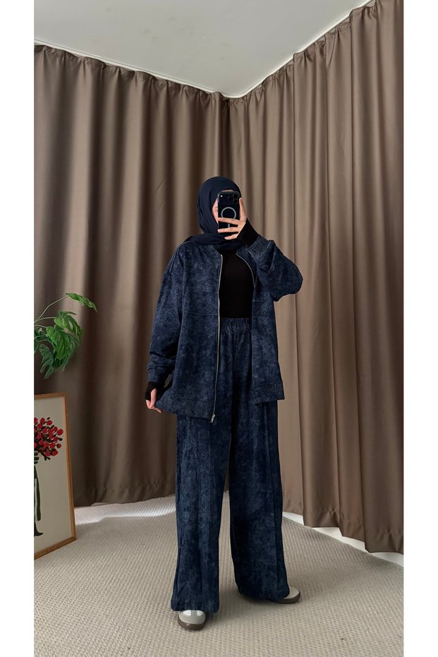 Abstract Pattern Zipper Trousers Set - 7024 - Navy Blue