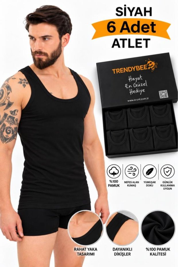 Men's Black Undershirts 6-Piece Pack in Premium Box 100% Cotton Men's Comfortable Collared Shirts for Daily Use