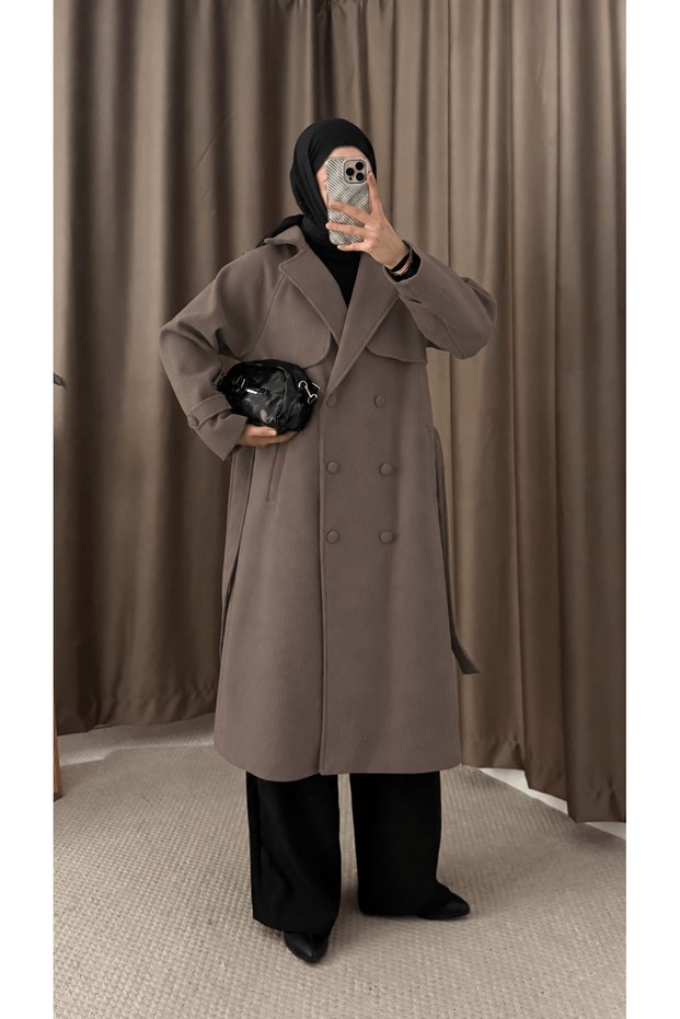 Cape Detailed Double-Breasted Collar Cashmere Coat - 4766 - Mink