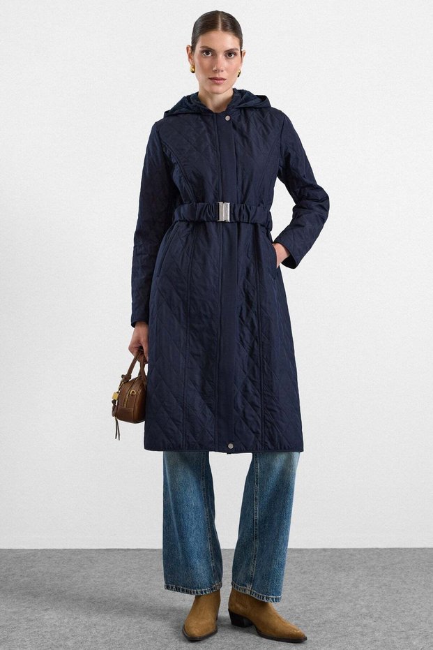 Hooded Thin Quilted Coat with Fine Plush Detail on the Inside Dark Blue 6938