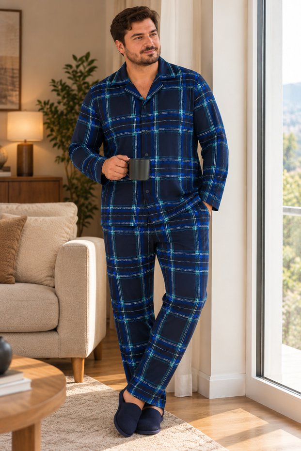 Men's Large Size Cotton Plaid Pattern Shirt Collar Buttoned Pajama Set