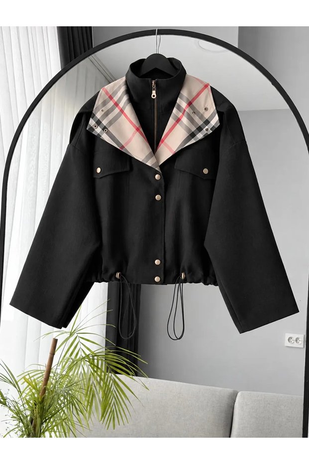 Plaid Detailed Zippered Elastic Short Trench Coat - 0175 - Black