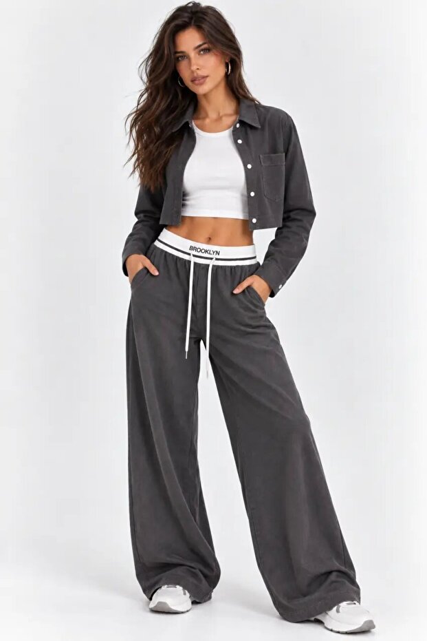 Brooklyn Women's Crop Shirt & Wide-Leg Pants Two-Piece Set – Anthracite